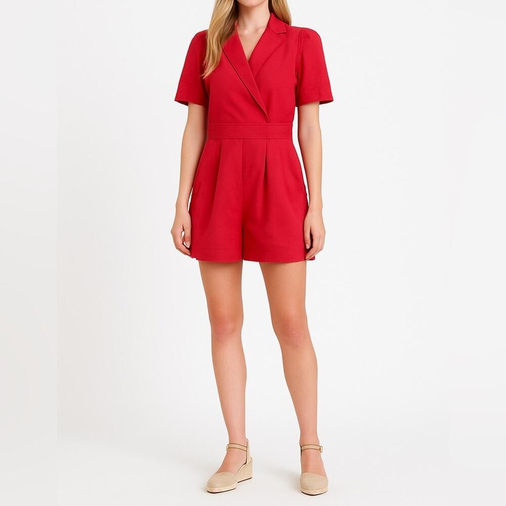 Y2K DAY + MOON Puff Sleeve Utility Romper | M | Red | Preppy Retro Tailored